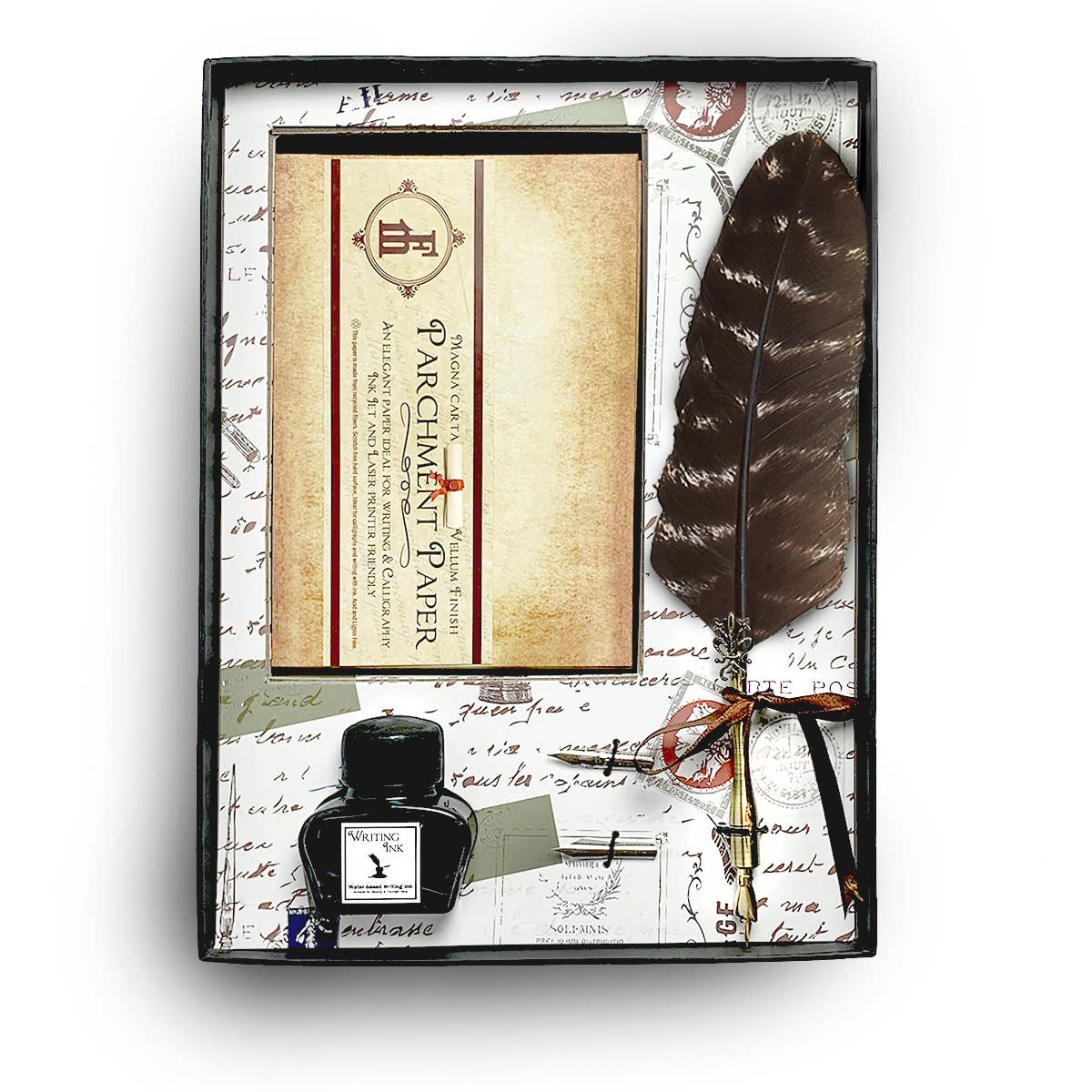 Parchment Note Card Set with Ink, Nibs and Quill Pen: Burgundy